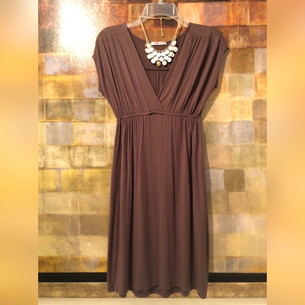 MAI TAI SS Brown Pleated V-Neck Dress Empire Waist